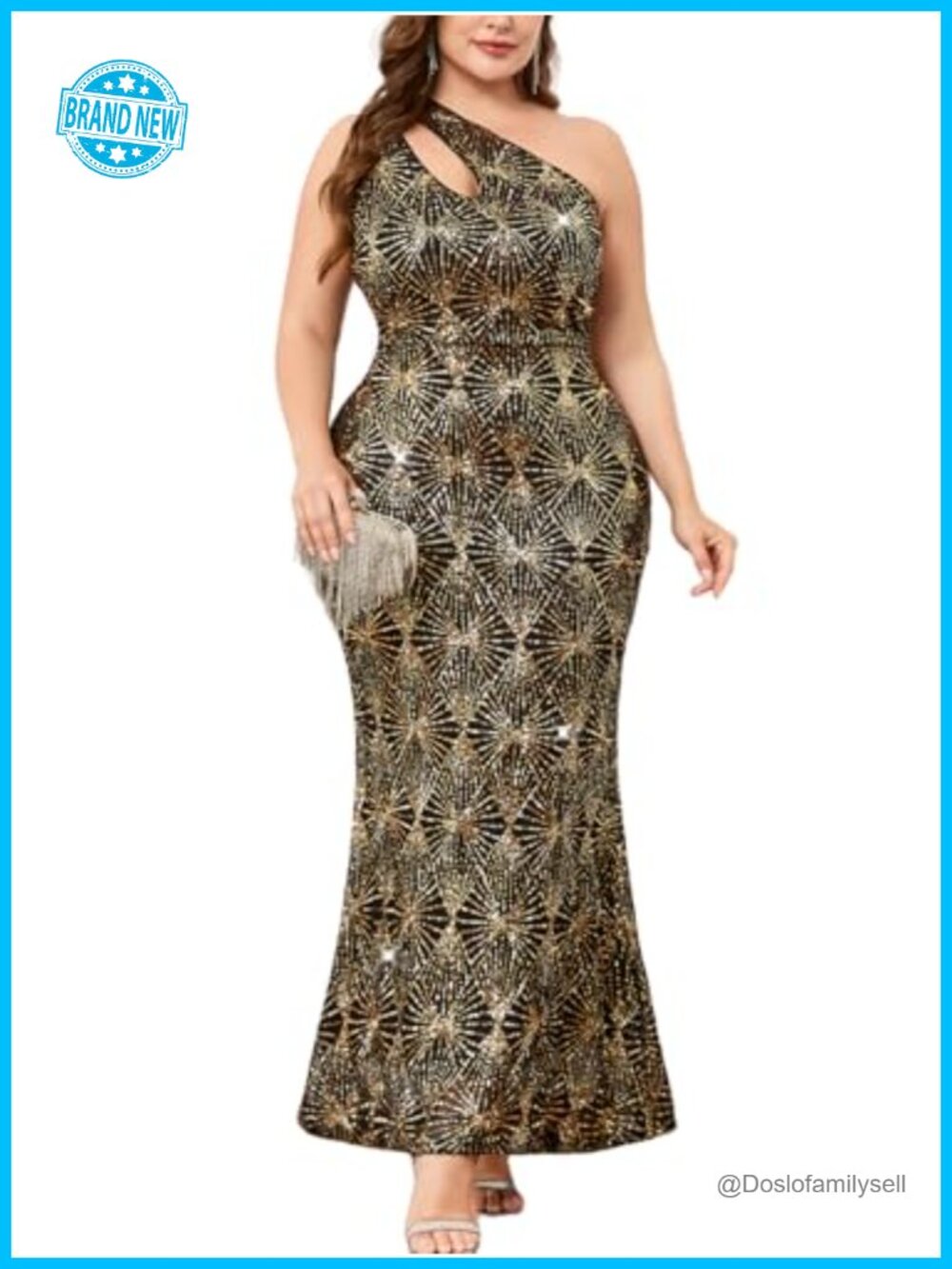 Plus Size One Shoulder Sequin Mermaid Maxi Formal Evening Dress Cutout